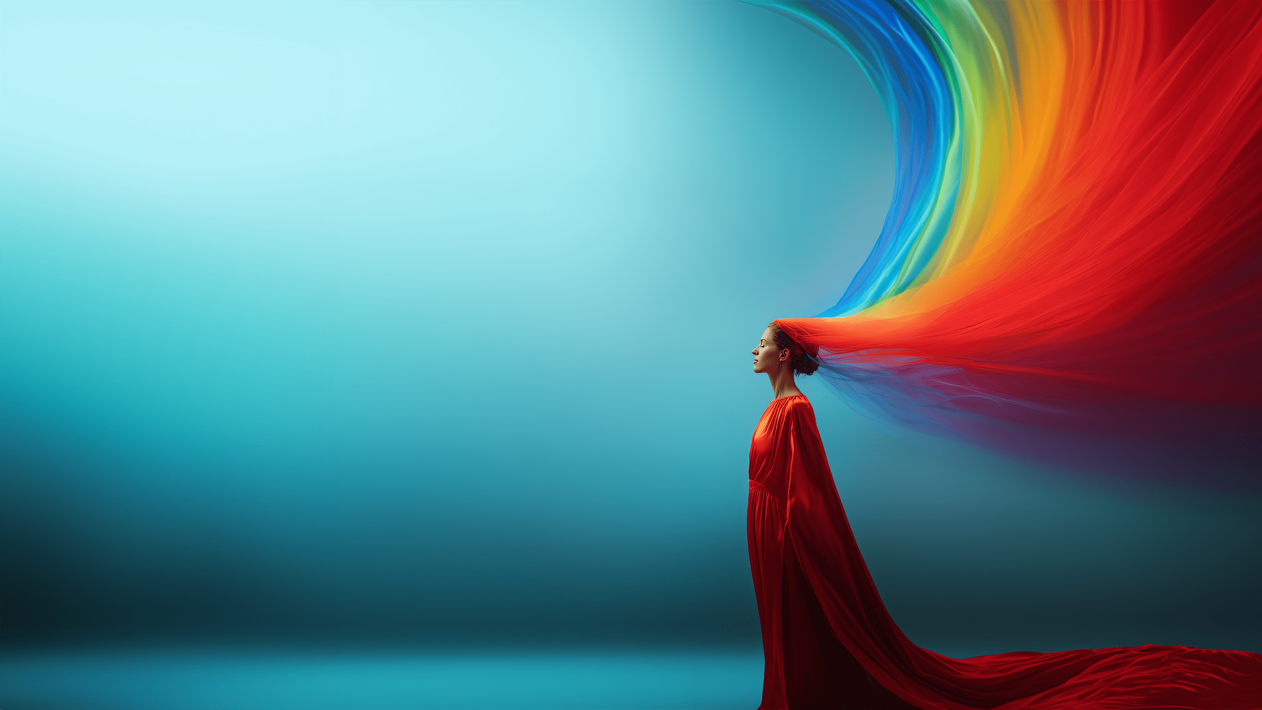 A woman in a red dress stands gracefully, with a vibrant rainbow flowing elegantly behind her
