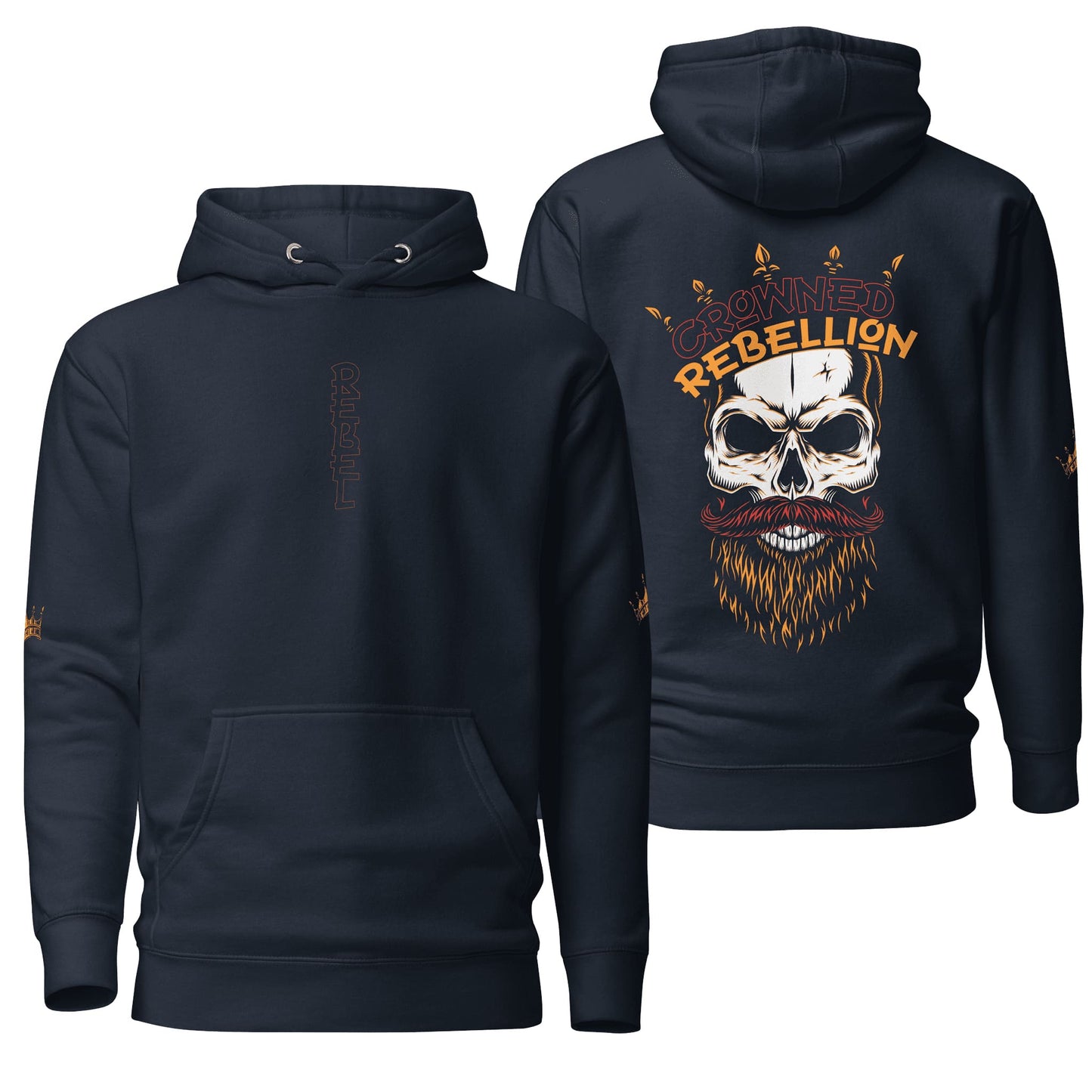 A deep navy blazer hoodie showcasing the "Crowned Rebellion" design, combining a rich, classic tone with sharp, rebellious visuals. Perfect for a confident and sophisticated streetwear style.