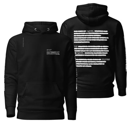 A sleek black hoodie showcasing the "Cancel the Cancel Culture" design, pairing a classic dark tone with striking, statement-making visuals. Perfect for casual wear with a message.