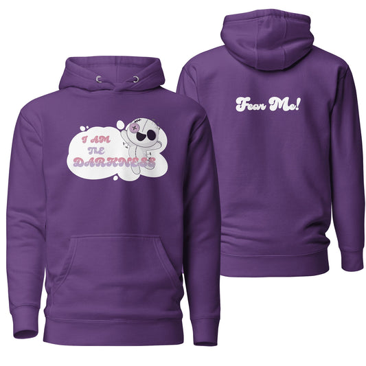 A bold purple hoodie featuring the "I Am the Darkness" design with dramatic, gothic-inspired artwork. Includes a drawstring hood and front pocket, combining edgy visuals with cozy comfort.