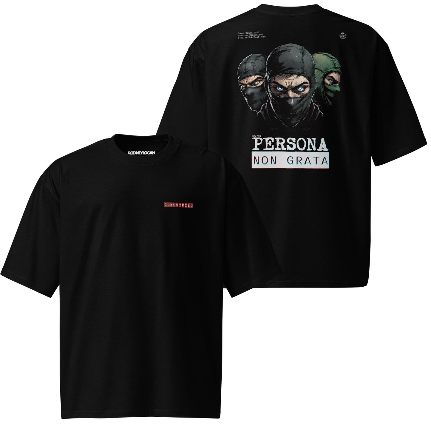 Black heavy oversized T-shirt featuring a bold back graphic of three masked figures with the text 'Persona Non Grata' and a subtle 'CLASSIFIED' embroidery on the front. Perfect for a rebellious streetwear look.