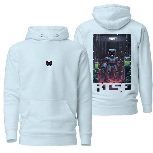 A soft sky blue hoodie featuring the "Rise" design, combining uplifting graphics with a serene pastel shade. The drawstring hood and front pocket enhance its relaxed and stylish appeal.