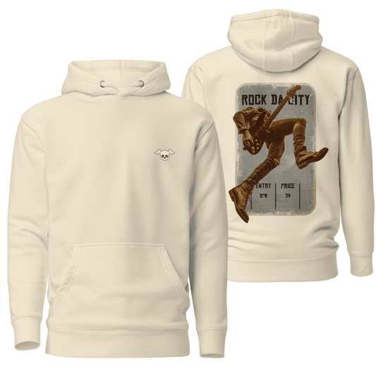 A neutral bone-colored hoodie featuring the "Rock Da City" design with bold, urban-inspired artwork. Includes a drawstring hood and front pocket, offering a blend of edgy style and casual comfort.