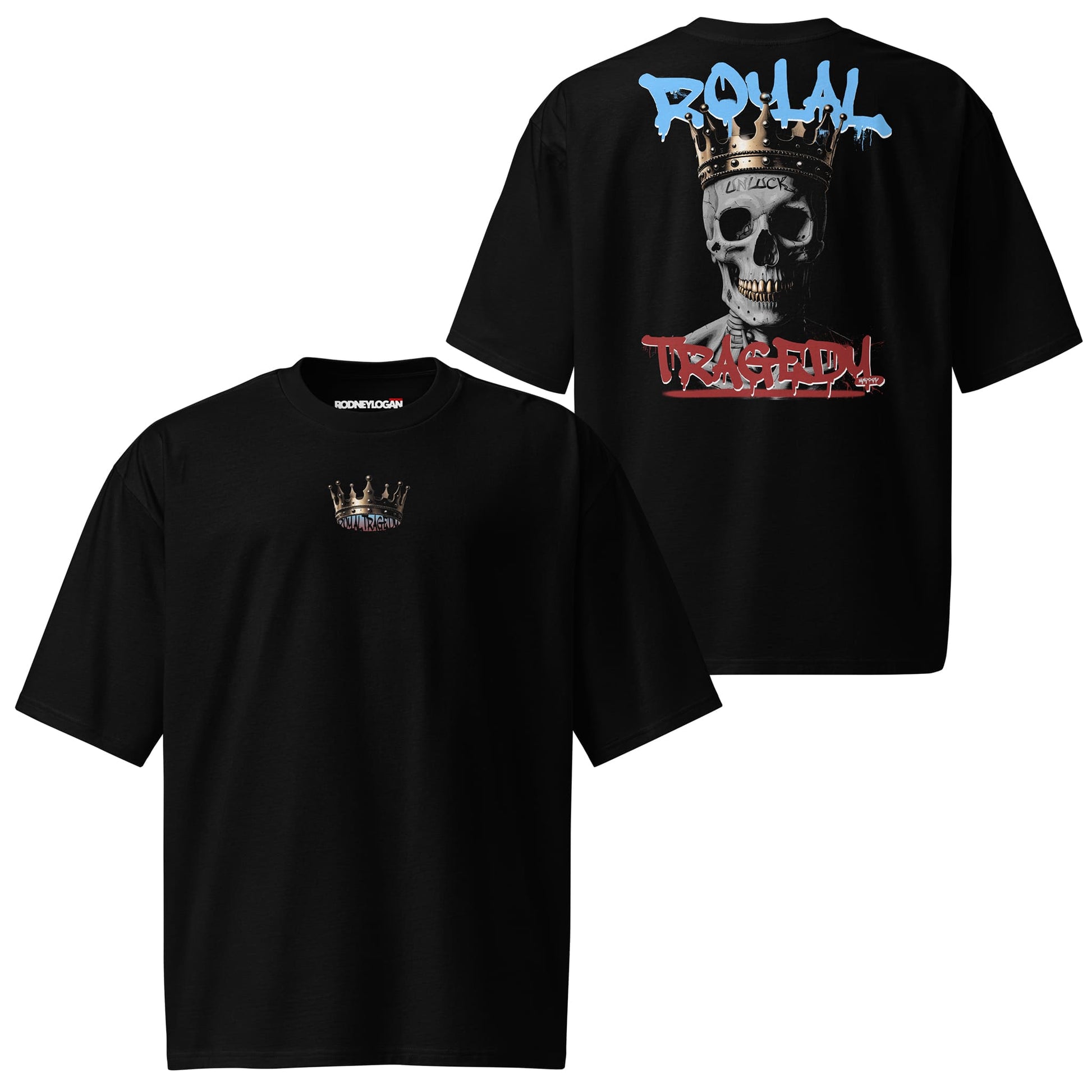 An oversized black t-shirt featuring the "Royal Tragedy" design, with bold white text and intricate artwork that blends regal and dramatic themes. The relaxed fit makes it ideal for casual streetwear, offering both comfort and style.