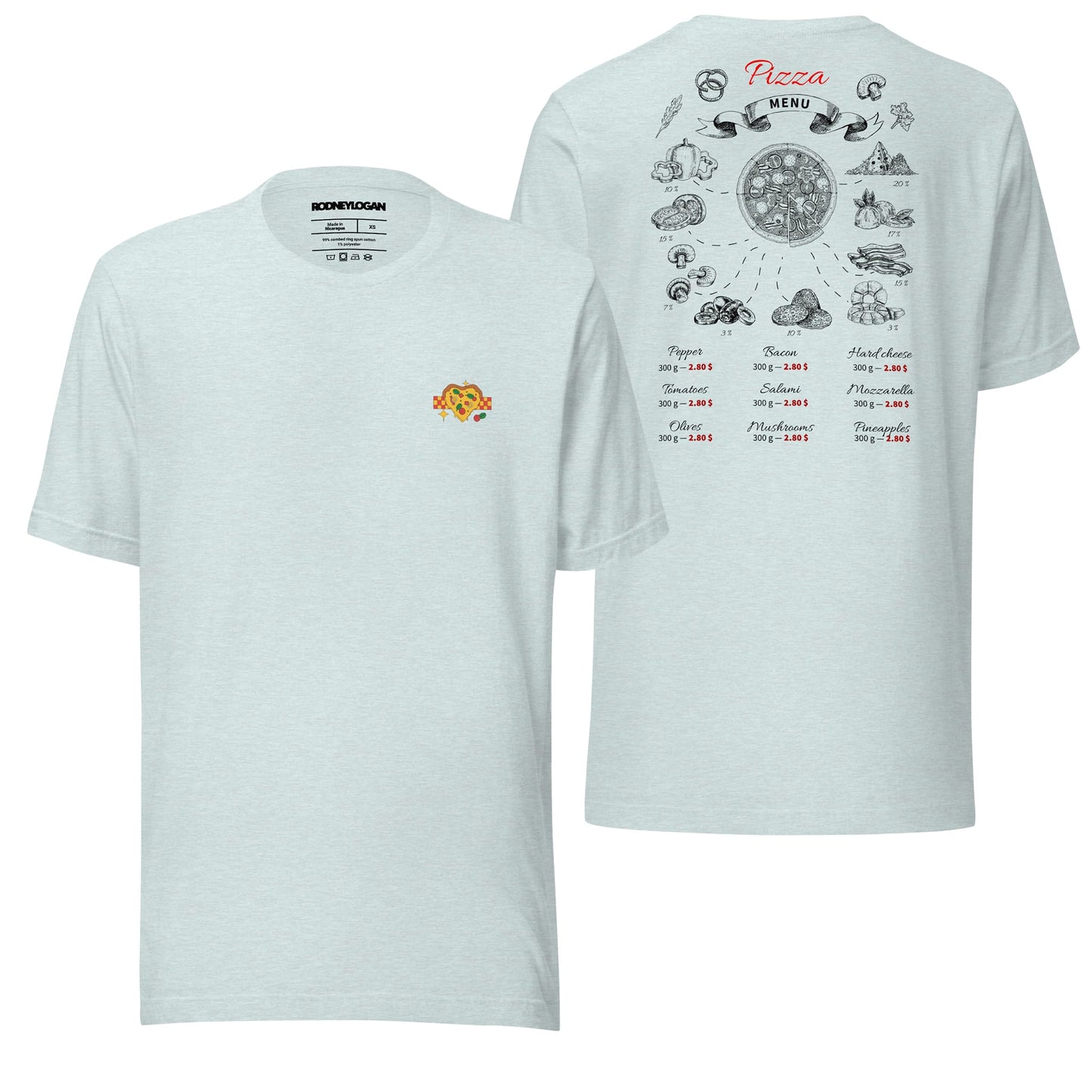 A light heather prism ice blue t-shirt featuring the "All You Need Is Pizza" design with fun and playful typography. The pastel shade and casual fit make it a lighthearted, everyday favorite.