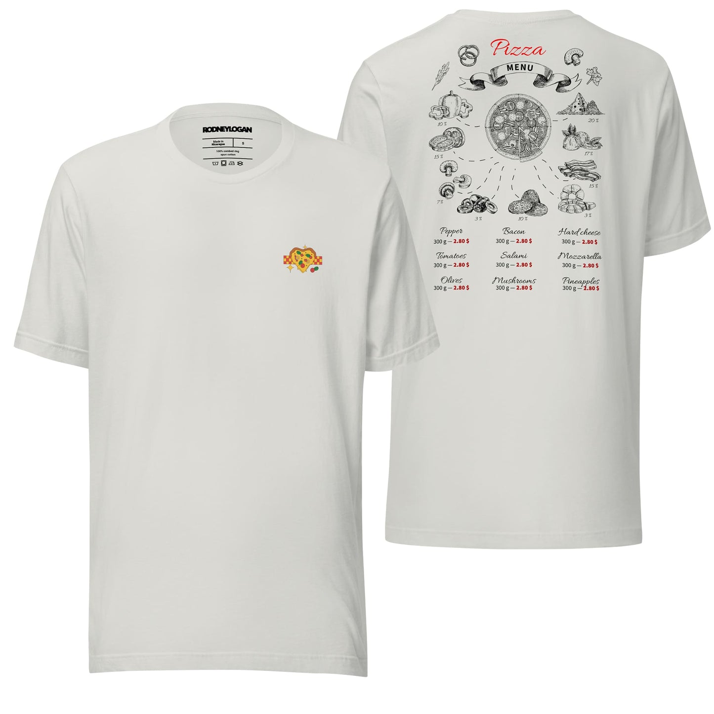 A soft silver t-shirt featuring the "All You Need Is Pizza" design, offering a subtle and versatile background for its whimsical graphics. Perfect for understated yet playful styling.