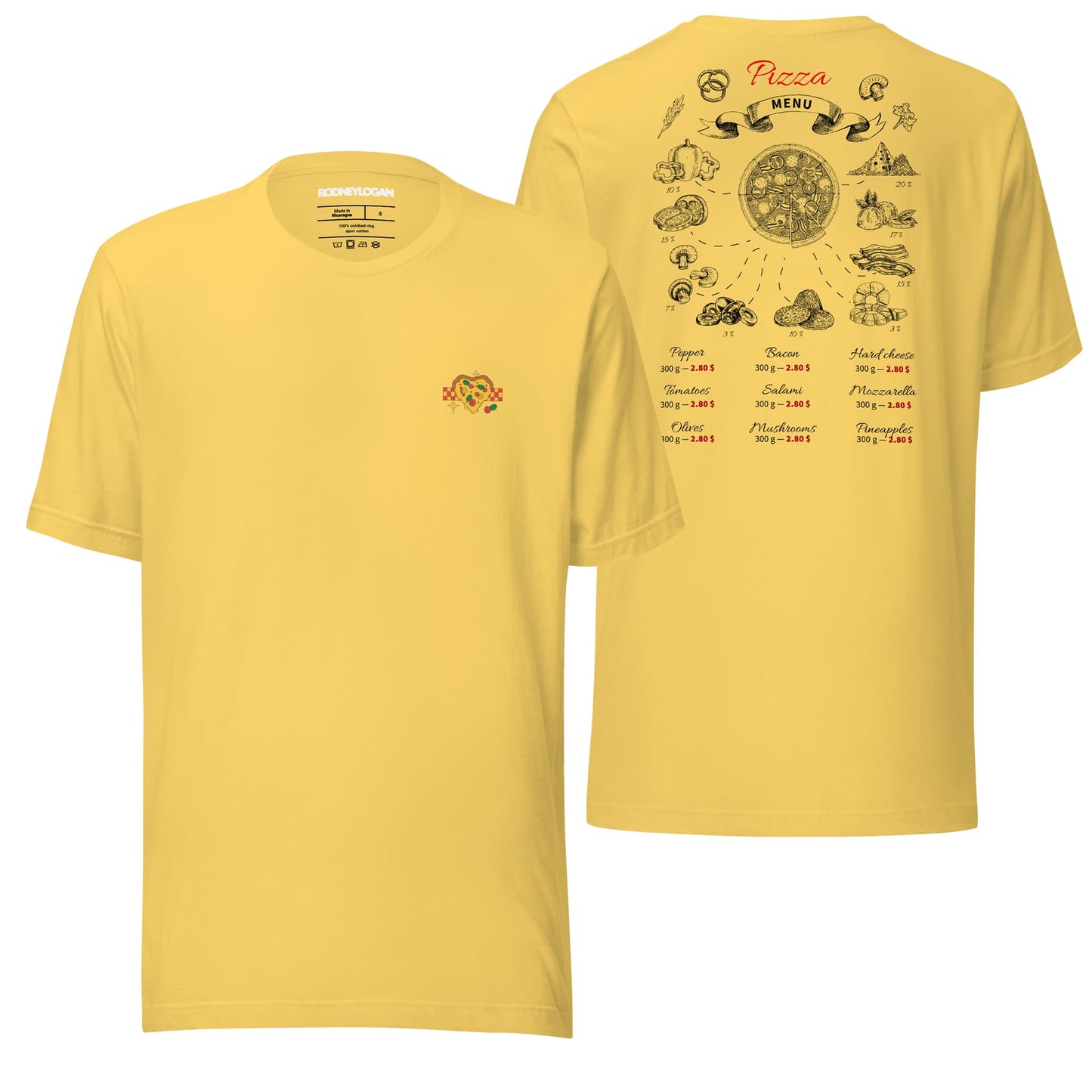 A bright yellow t-shirt showcasing the "All You Need Is Pizza" design, radiating cheerful vibes and bold energy. Perfect for making a sunny statement while embracing your love for pizza.