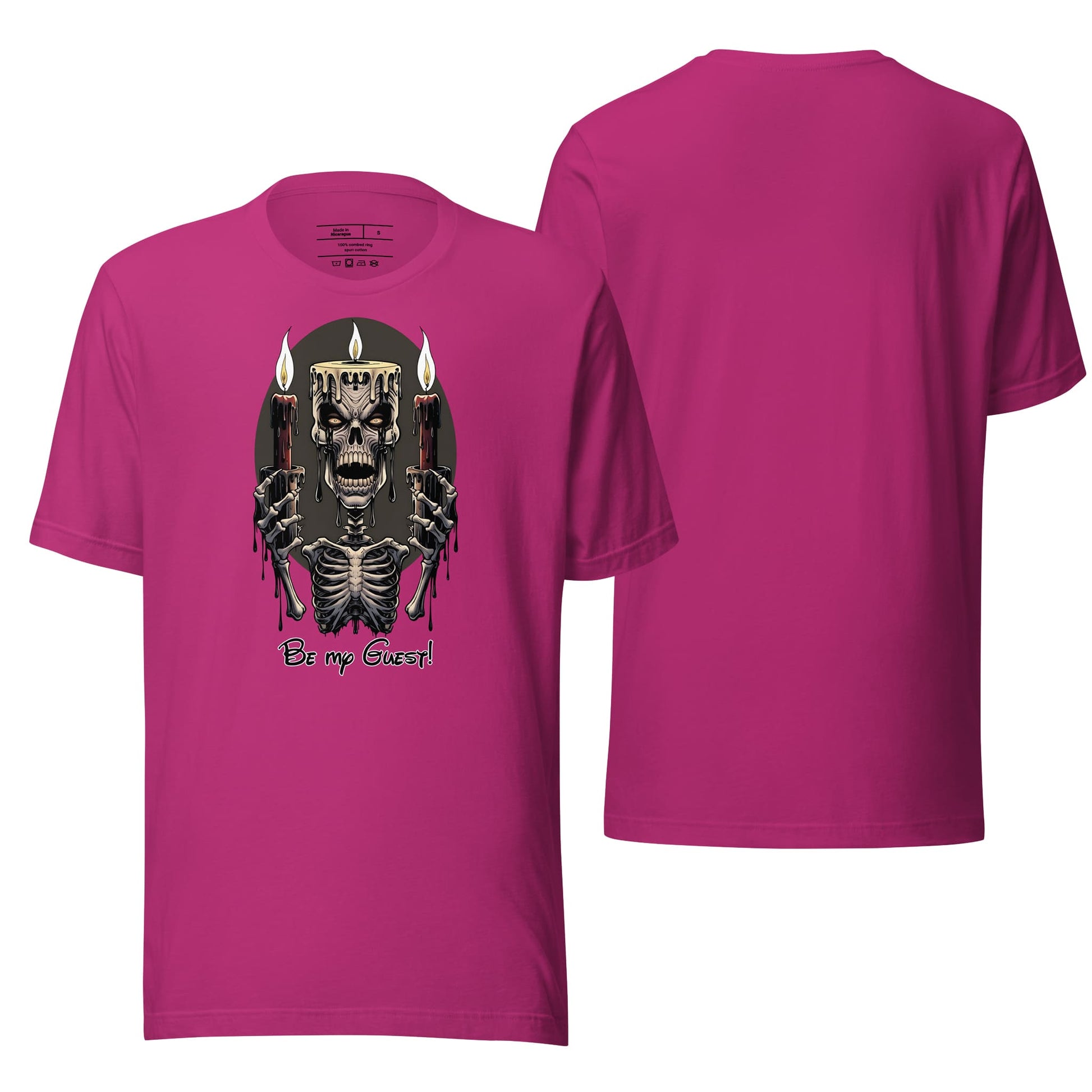 A berry-colored t-shirt featuring a fashionable “Be My Guest” graphic design on the front. Featuring a lively hue and a laid-back, comfy fit, the shirt is perfect for casual outings.