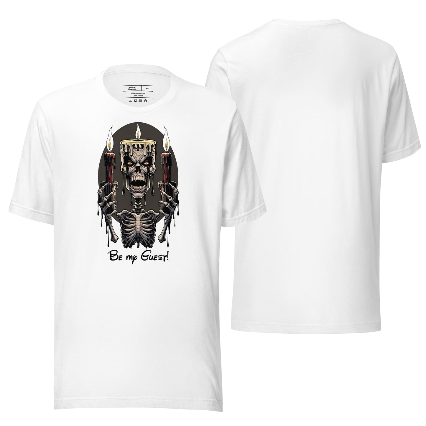 A white t-shirt featuring a playful "Be My Guest" graphic design on the front. The shirt showcases a relaxed fit and soft fabric, perfect for casual wear and making a bold yet friendly style statement.