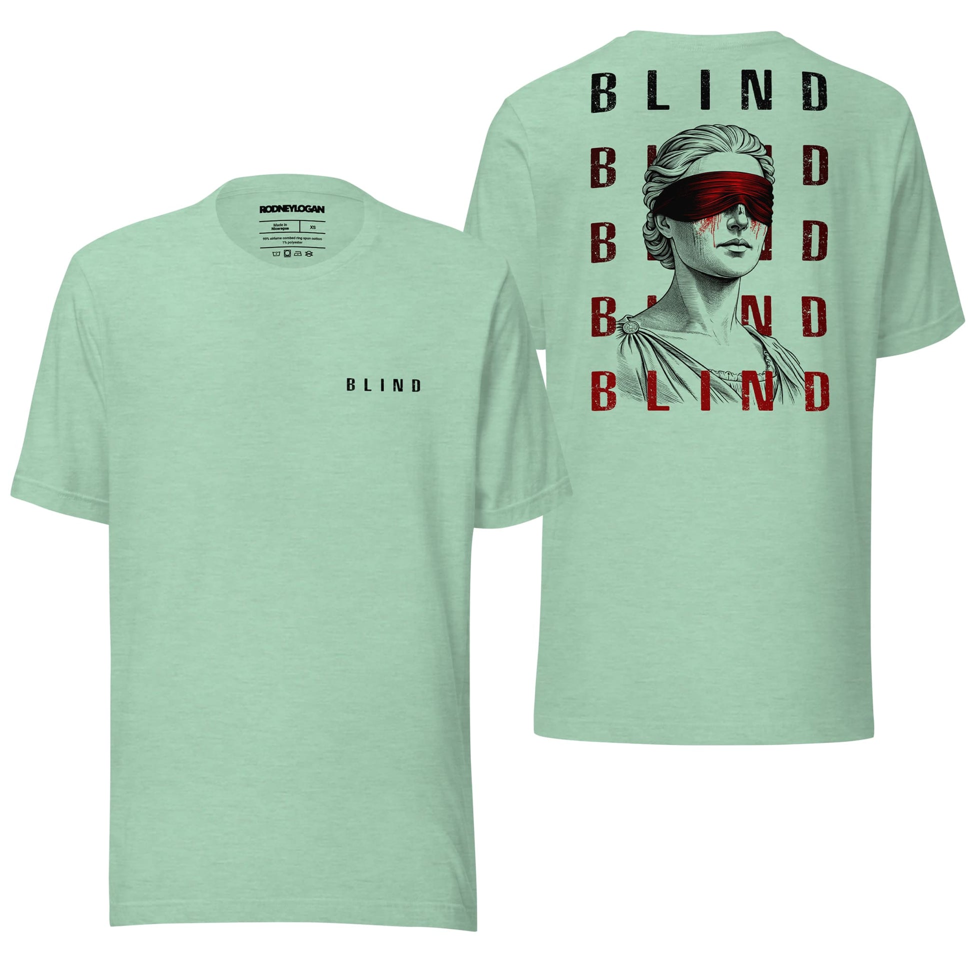 A heather prism mint t-shirt featuring the "Blind" design, combining a soft pastel hue with modern and minimalist artwork. Great for a fresh, stylish look with casual comfort.
