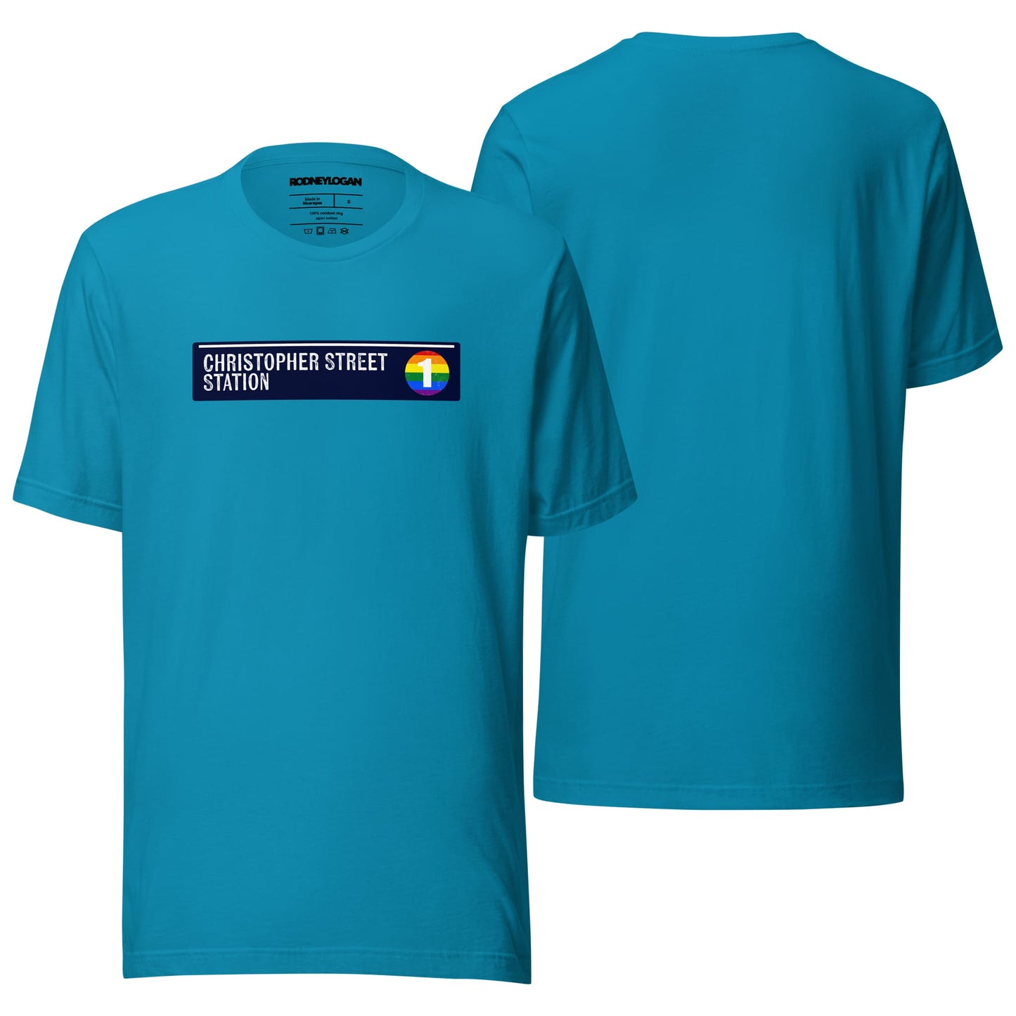 A crewneck T-shirt in a soft aqua color, featuring the "Christopher Street Station" text printed on the front. The shirt is displayed flat against a neutral background, emphasizing its breathable fabric and casual fit.