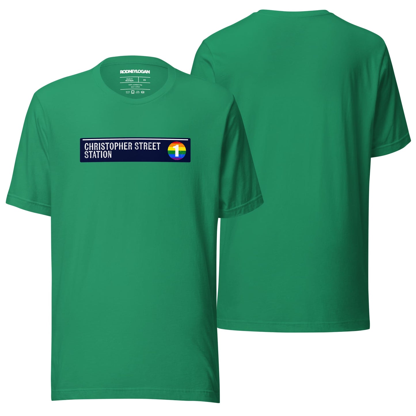 A vibrant kelly green crewneck T-shirt with the "Christopher Street Station" text design on the front. The simple layout and solid color are showcased against a plain backdrop.
