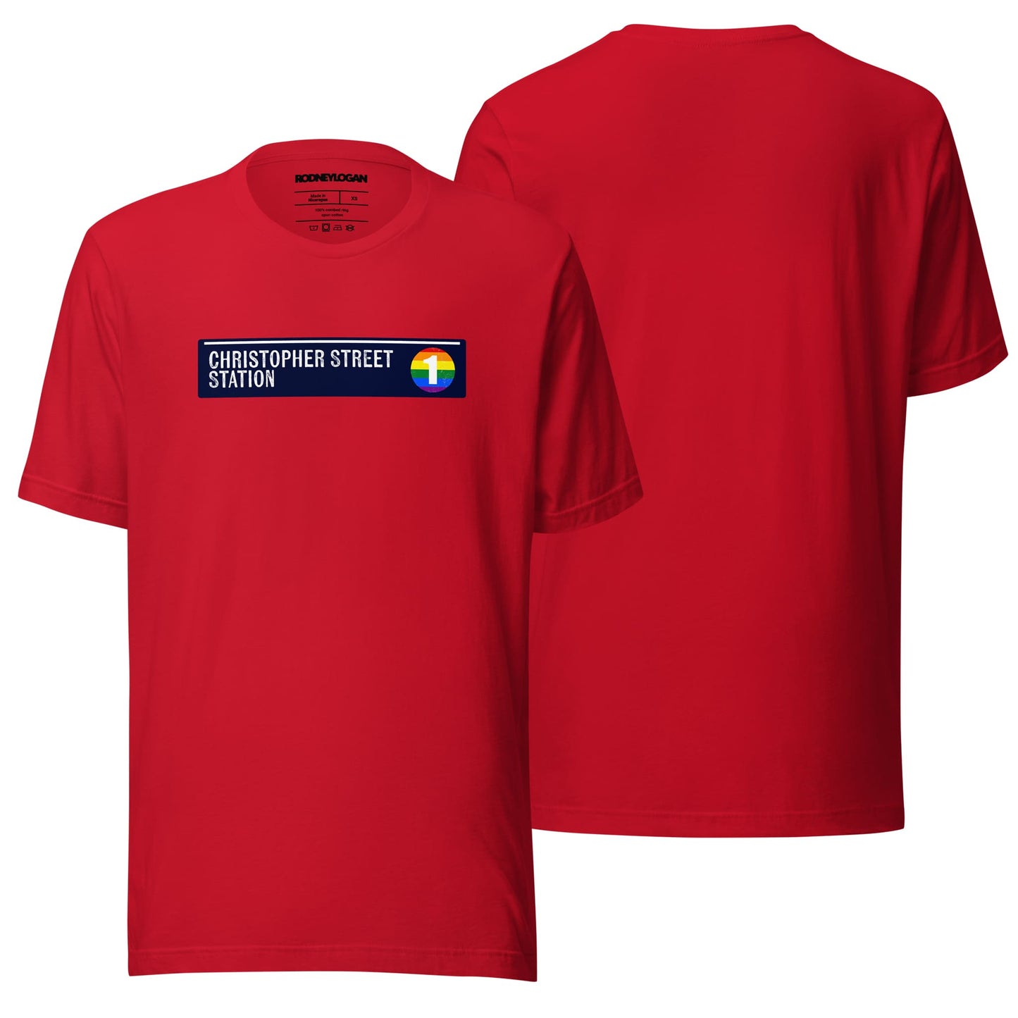 A bold red crewneck T-shirt featuring the "Christopher Street Station" text in a classic font on the front. The vibrant color and casual cut are displayed clearly against a simple background.
