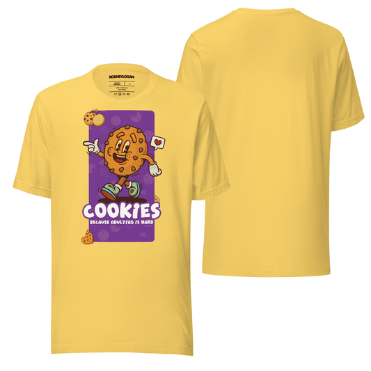 A cheerful soft yellow t-shirt featuring the "Cookies" design with playful, fun-inspired graphics. Its relaxed fit and vibrant color make it perfect for casual, sunny-day wear.