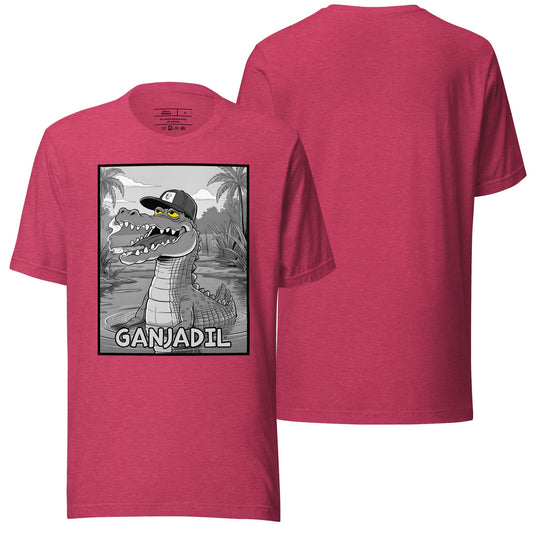 A heather raspberry t-shirt featuring the "Ganjadil" design with bold and creative artwork inspired by vibrant, modern aesthetics. Its lively hue and relaxed fit make it ideal for casual styling.