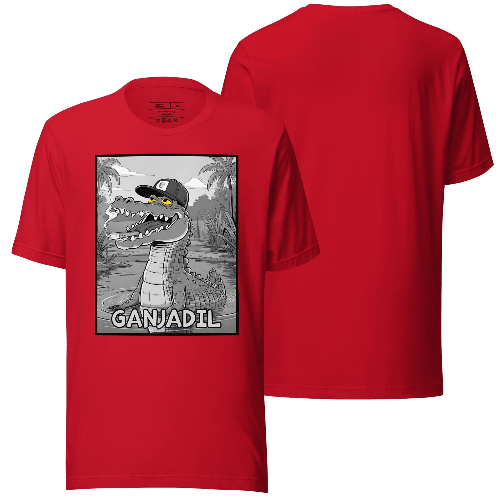 A striking red t-shirt featuring the "Ganjadil" design, offering a vibrant backdrop to the intricate and captivating artwork. A bold and confident choice for casual wear.