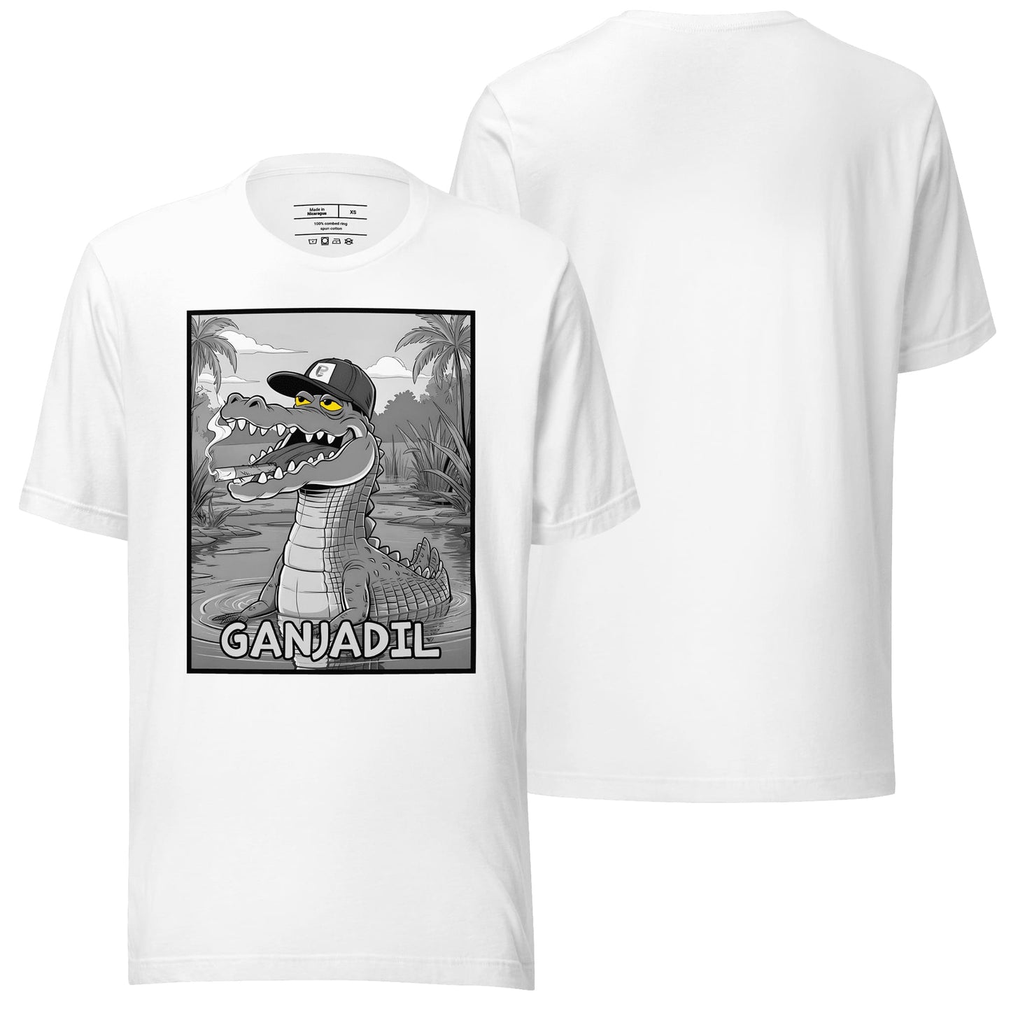 A crisp white t-shirt showcasing the "Ganjadil" design, providing a clean and timeless canvas for its creative and bold graphics. A versatile option for effortless, stylish outfits.