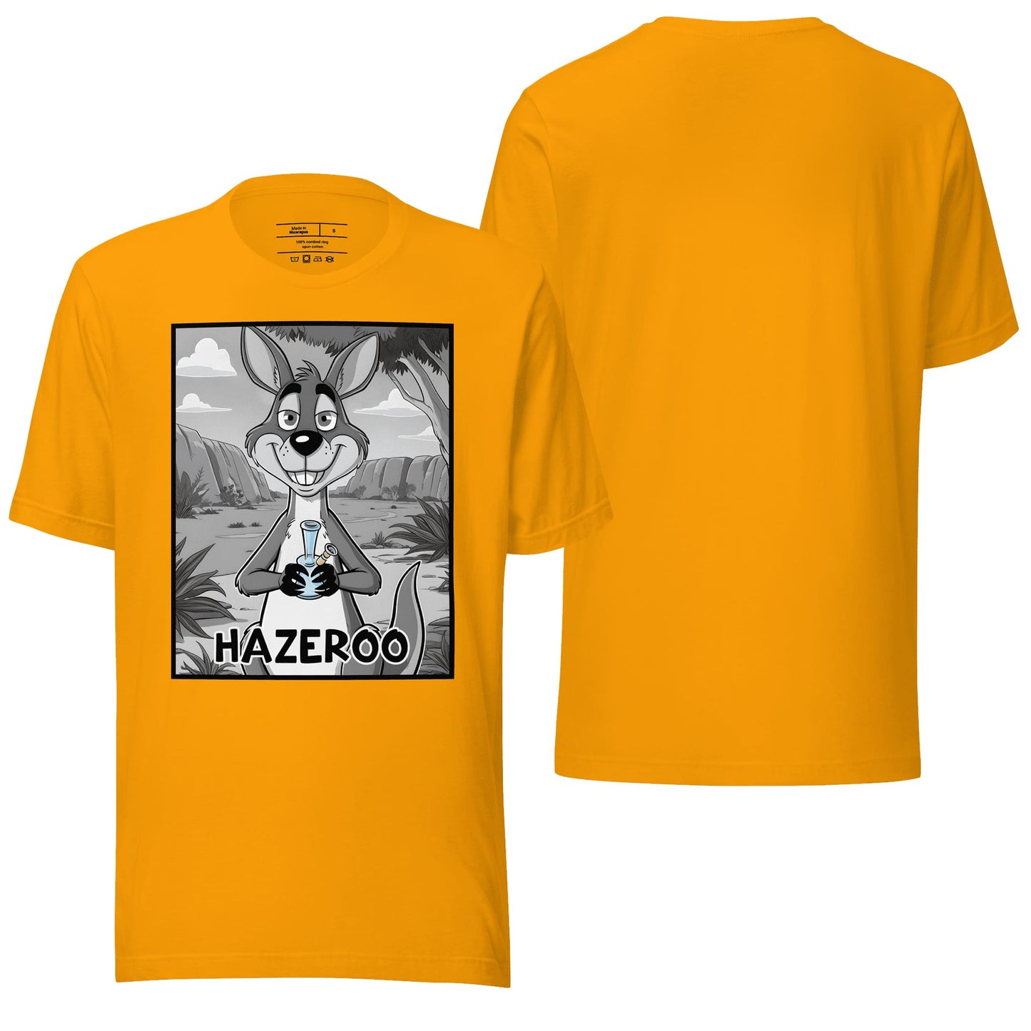 A bright gold t-shirt showcasing the "Hazeroo" design, combining an energetic hue with whimsical and creative artwork. Ideal for making a cheerful and stylish statement.