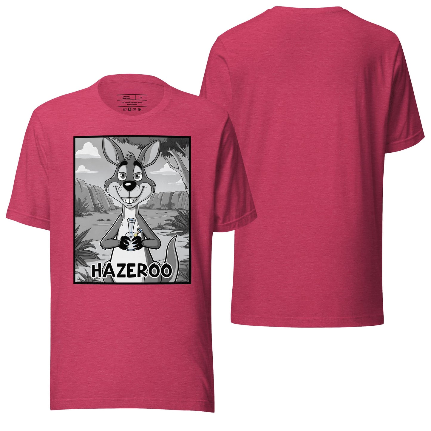 A heather raspberry t-shirt adorned with the "Hazeroo" design, offering a lively pinkish-red tone paired with quirky, artistic visuals. A fun choice for everyday wear.