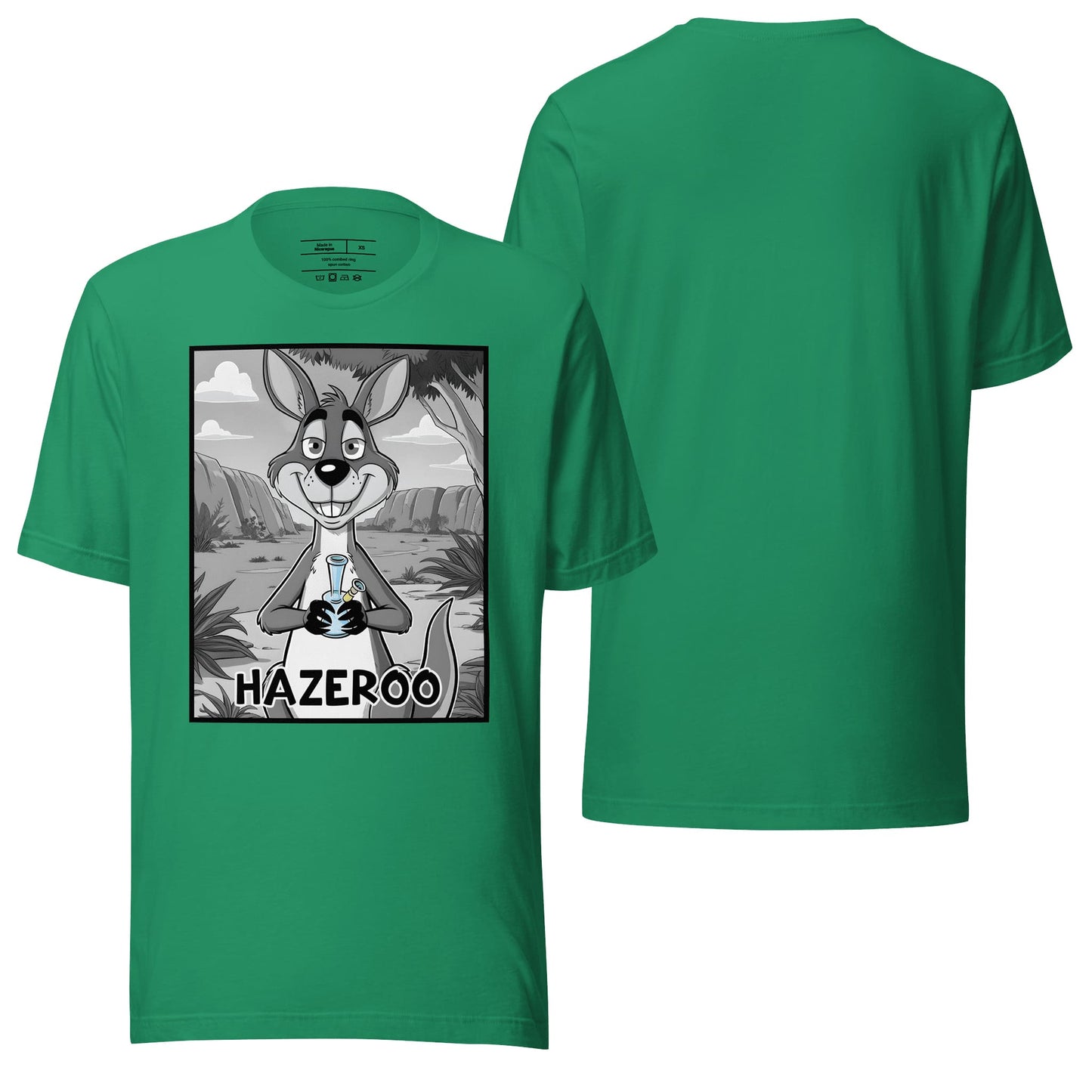 A kelly green t-shirt featuring the "Hazeroo" design, with its fresh and bold color accentuating the playful graphics. Great for casual and vibrant styling.