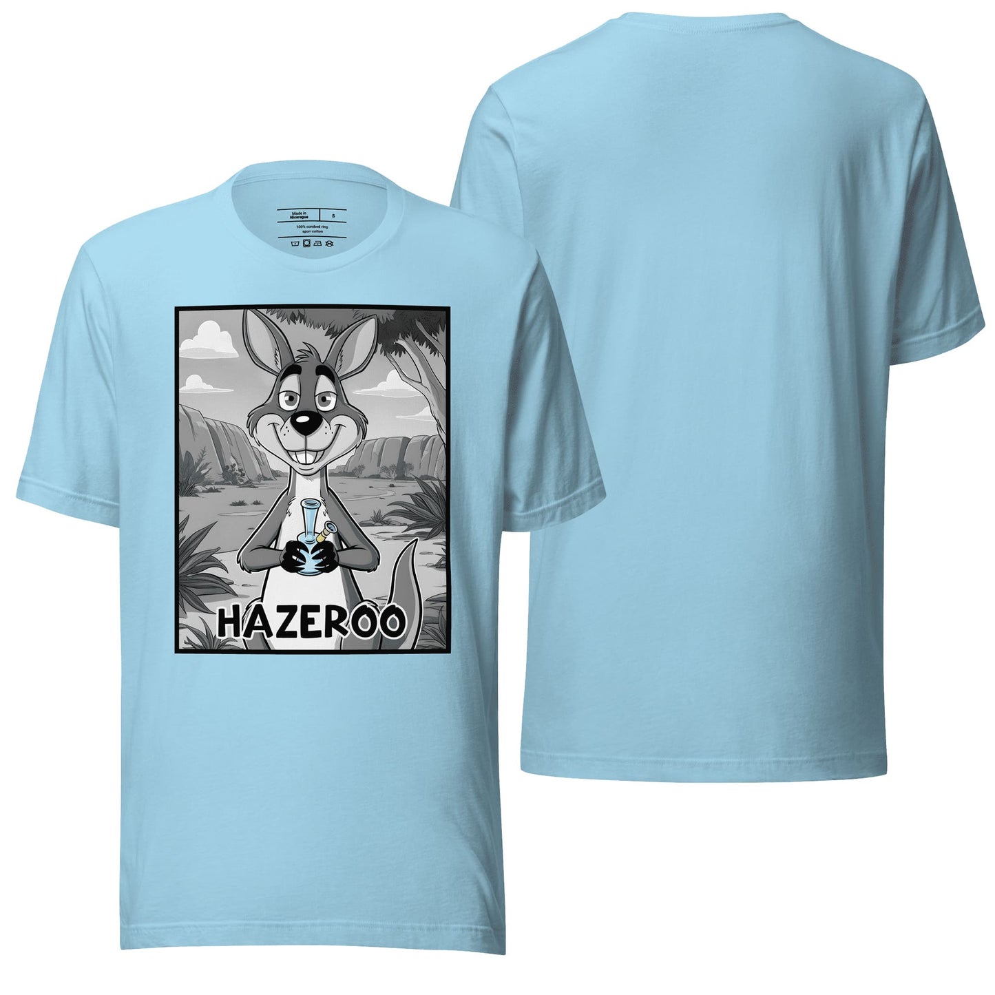 An ocean blue t-shirt showcasing the "Hazeroo" design, blending a cool, refreshing shade with creative and lighthearted visuals. Perfect for a relaxed yet unique look.