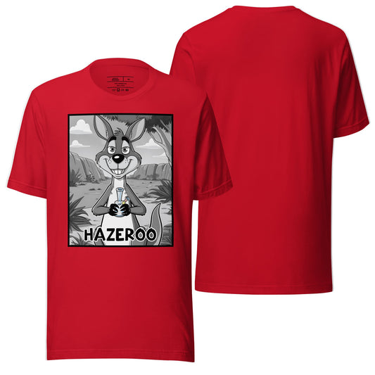 A bold red t-shirt featuring the "Hazeroo" design, blending vibrant color with playful, eye-catching graphics. Perfect for casual wear with a fun and dynamic vibe.