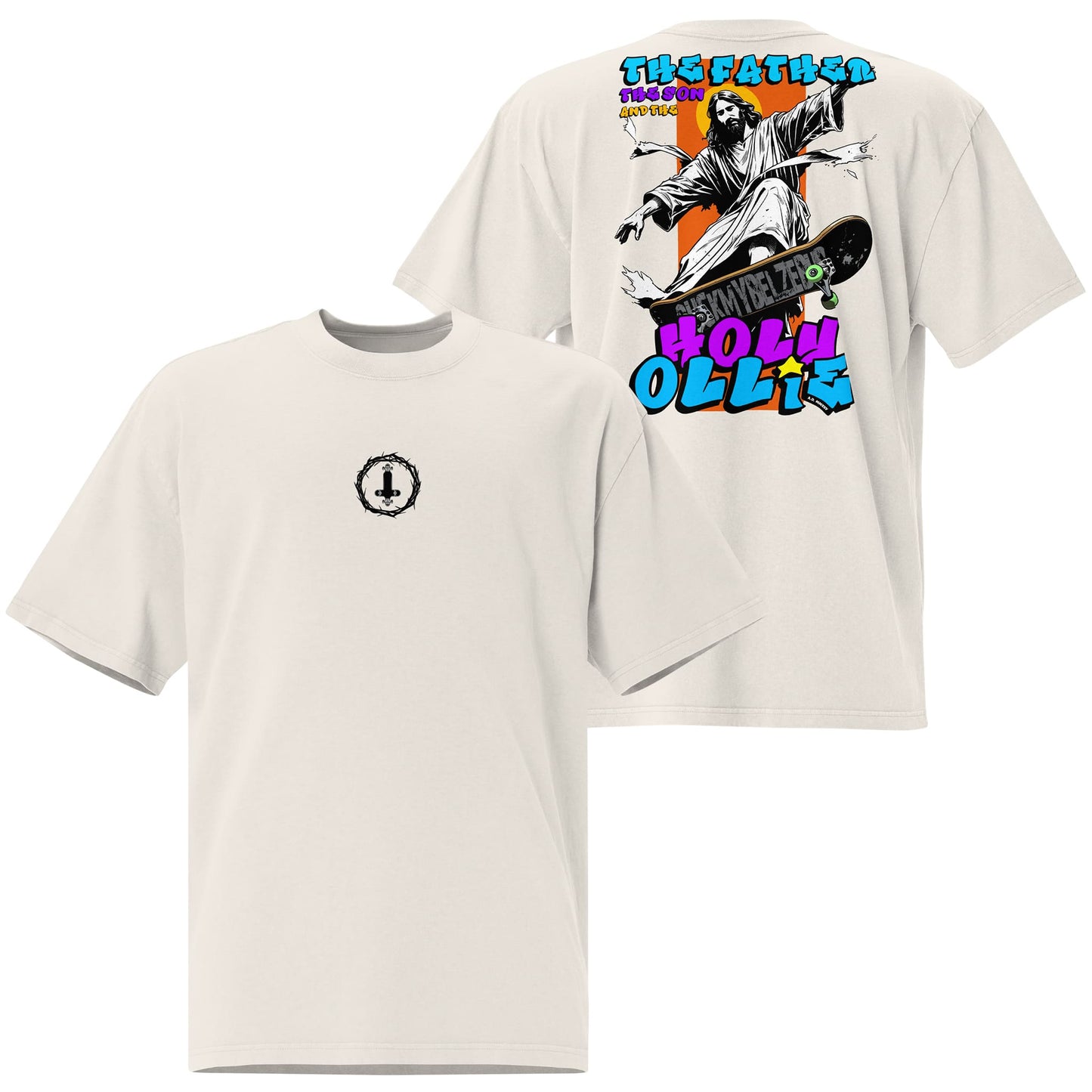 An oversized T-shirt in a light faded bone color, showcasing the "Holy Ollie" text across the front. The neutral tone and relaxed silhouette are presented against a plain backdrop.