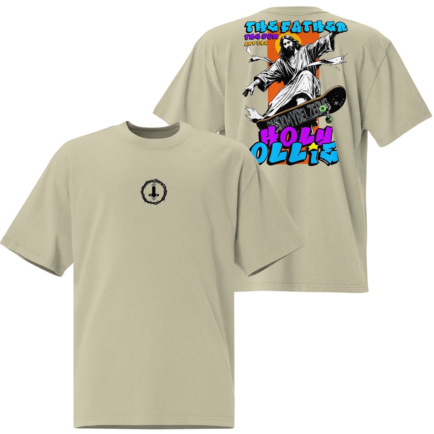 A soft, oversized T-shirt in a faded eucalyptus green hue with the "Holy Ollie" branding printed on the front. The minimalist design and casual fit stand out against a neutral background.
