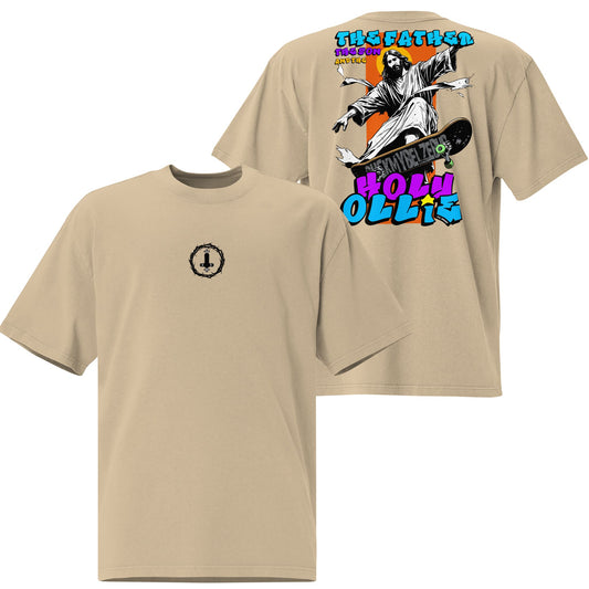 An oversized T-shirt in a muted faded khaki tone, featuring the "Holy Ollie" text design on the front. The relaxed fit and vintage-inspired color are highlighted against a simple backdrop.