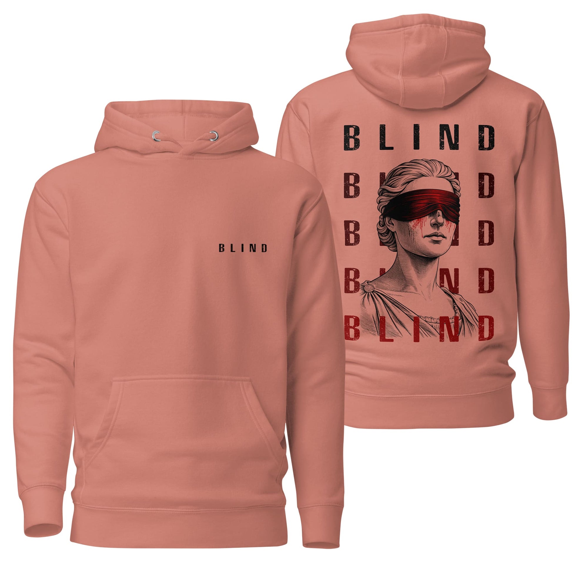 A soft dusty rose hoodie adorned with the "Blind" design, blending a gentle pastel tone with striking visuals. Perfect for adding a subtle, stylish touch to casual outfits.