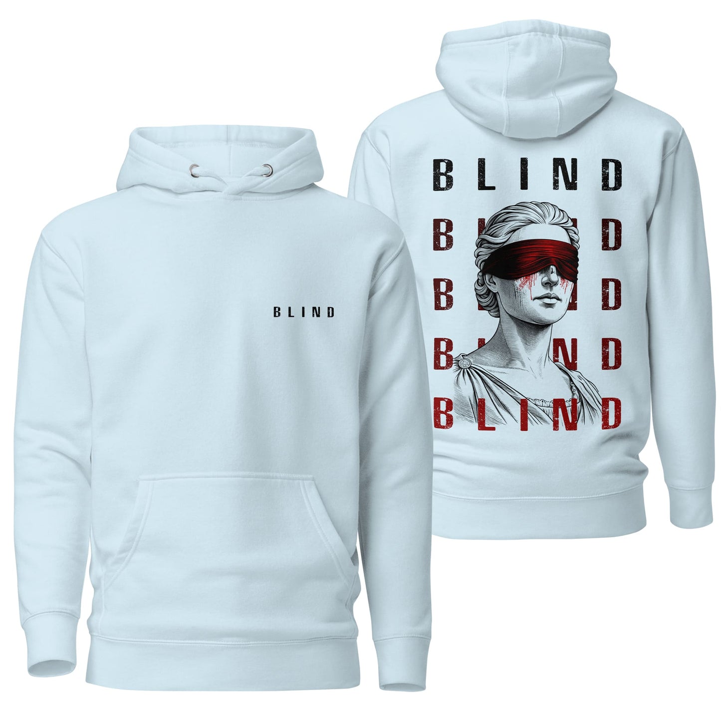 A serene sky blue hoodie featuring the "Blind" design, combining a soothing pastel shade with impactful graphics. Great for a stylish and comfortable look with a modern edge.