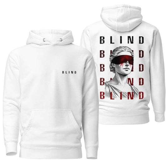 A crisp white hoodie featuring the "Blind" design, offering a clean and minimalistic aesthetic with bold graphic elements. Includes a drawstring hood, front pocket, and relaxed fit for everyday comfort.