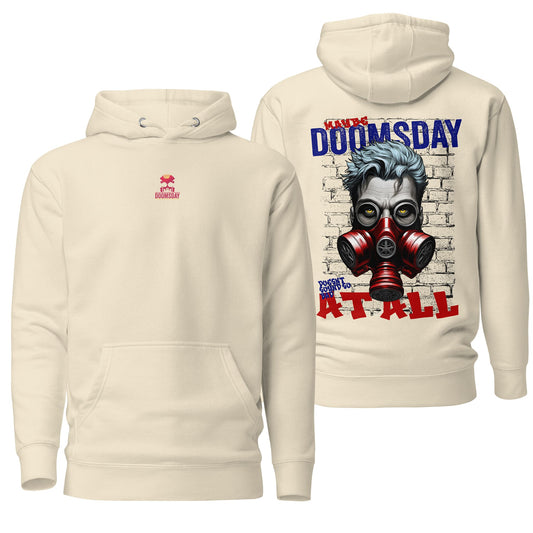 A bone-colored hoodie featuring the "Doomsday" design, blending bold apocalyptic-themed graphics with a neutral, earthy tone. Includes a drawstring hood, front pocket, and relaxed fit for casual comfort.