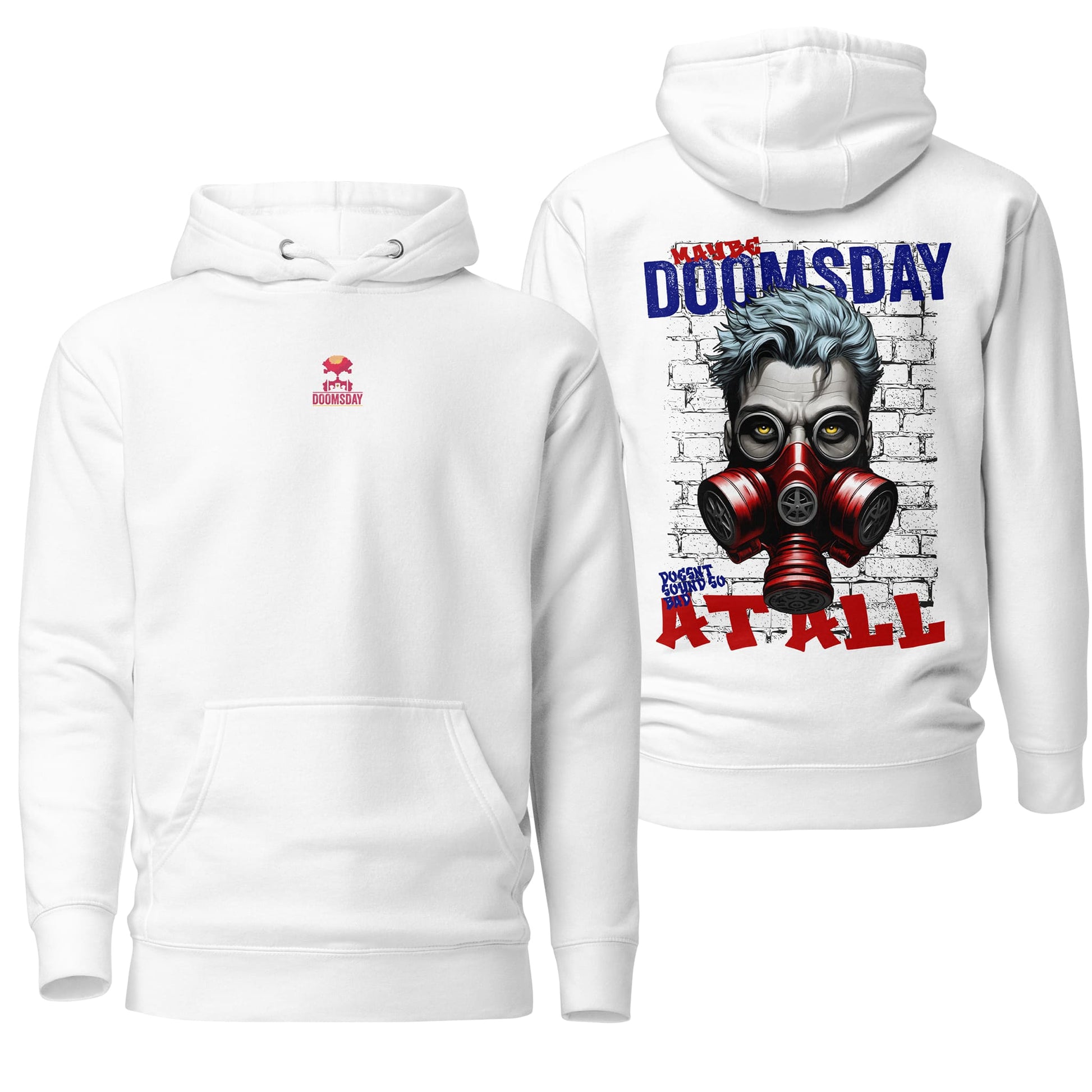 A crisp white hoodie showcasing the "Doomsday" design with sharp, high-contrast graphics. The minimalist color enhances the bold apocalyptic artwork, making it a standout piece for streetwear.