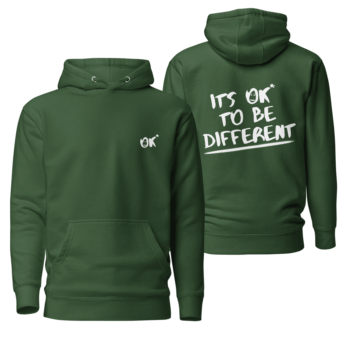 A deep forest green hoodie featuring the "It's OK to Be Different" design, with bold and empowering graphics. Includes a drawstring hood and front pocket, perfect for casual wear with a positive message.