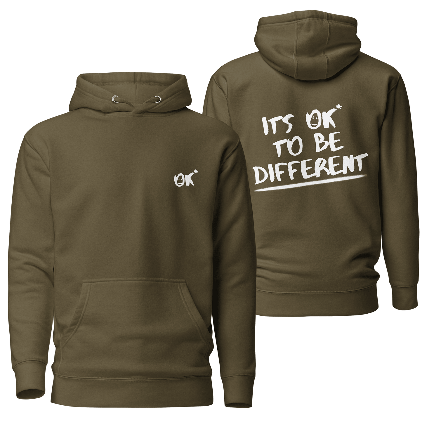 A muted military green hoodie adorned with the "It's OK to Be Different" design, combining an earthy tone with bold, inclusive visuals. Great for casual styling with a meaningful touch.