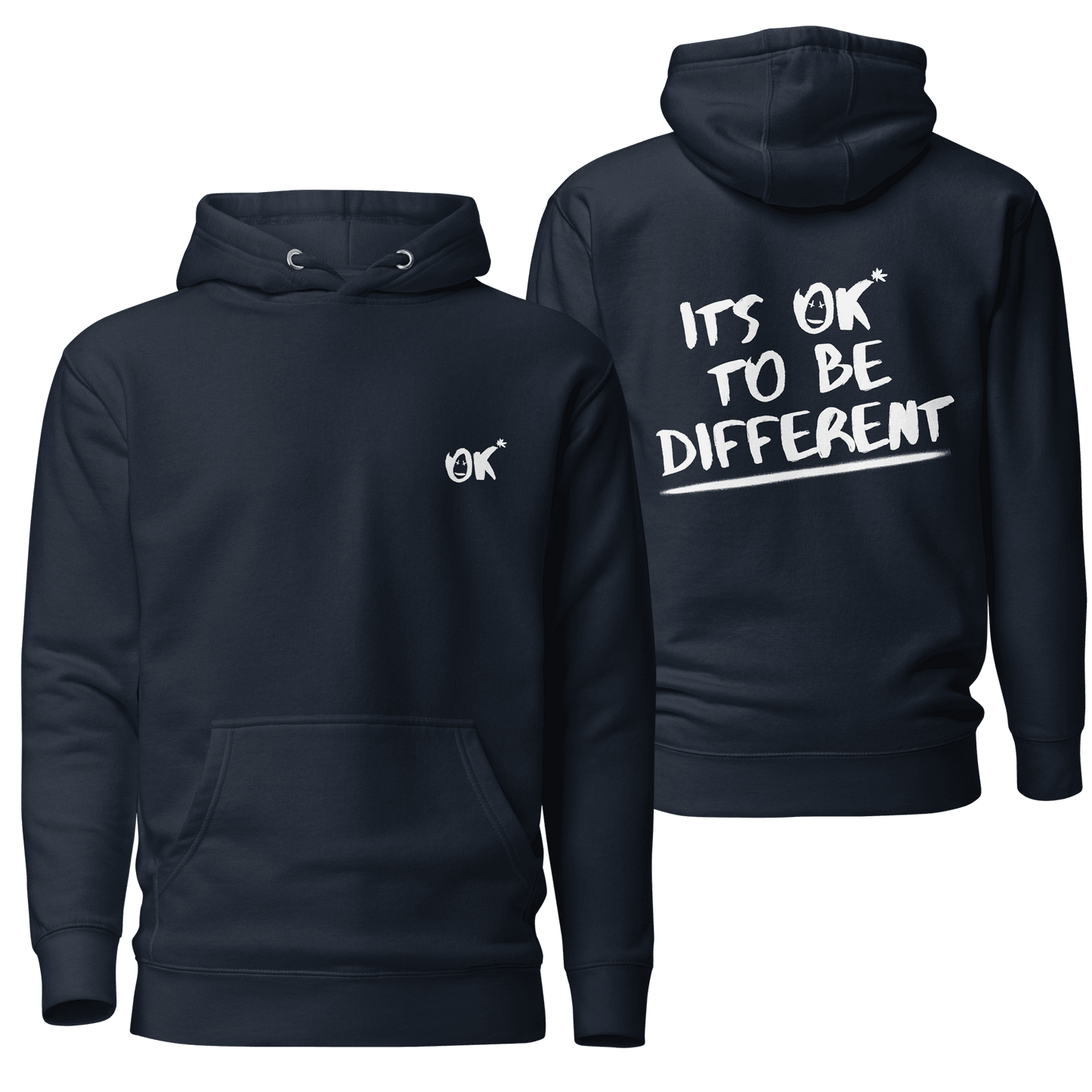A rich navy blazer hoodie featuring the "It's OK to Be Different" design, blending a deep and sophisticated hue with empowering graphics. A stylish and thoughtful choice for relaxed wear.