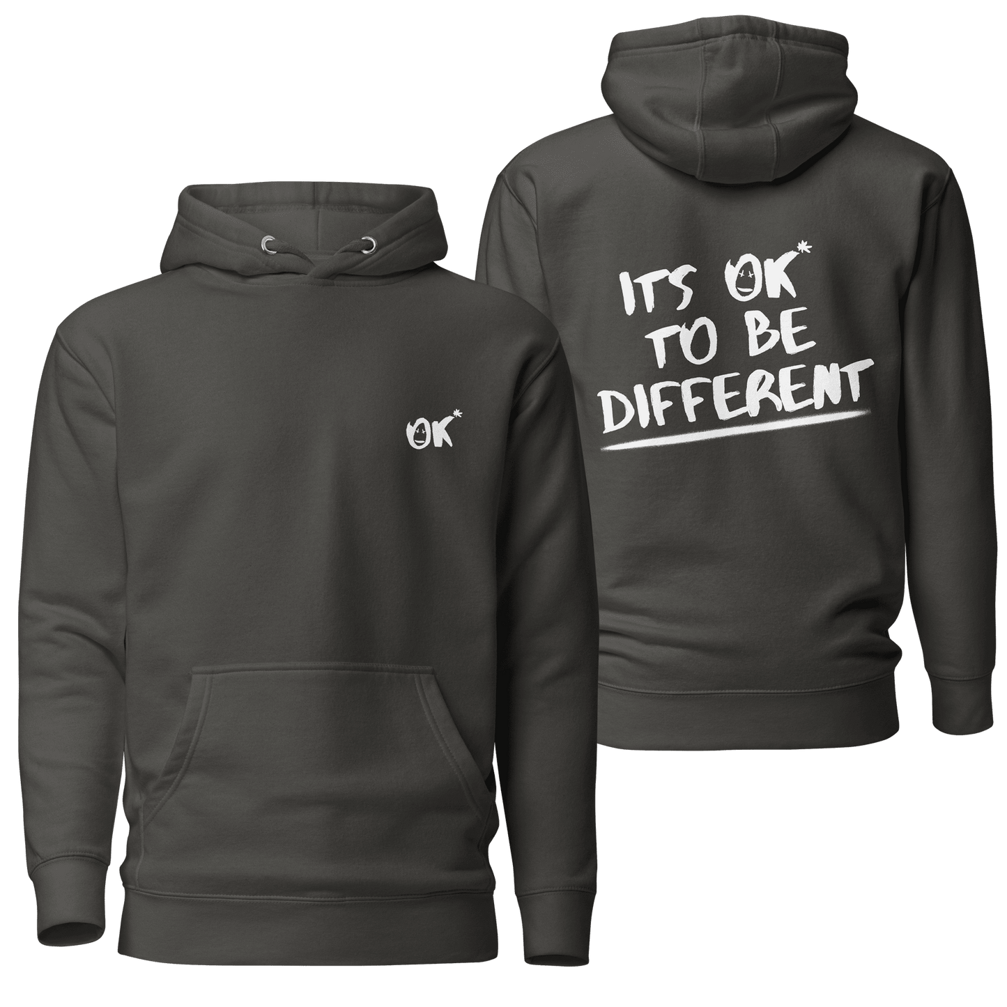 A vintage black hoodie showcasing the "It's OK to Be Different" design, offering a slightly faded, retro-inspired look that enhances its unique and inspiring theme. Perfect for a casual and timeless aesthetic.