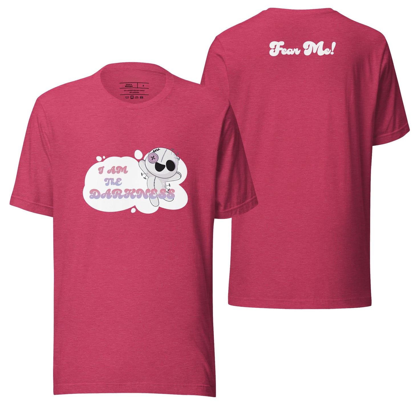 A heather raspberry t-shirt showcasing the "I Am the Darkness" design, pairing a lively pinkish-red tone with edgy and dramatic visuals. Great for a stylish and standout look.