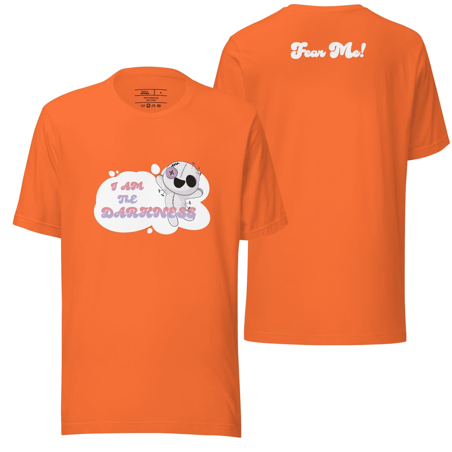 A bold orange t-shirt featuring the "I Am the Darkness" design, offering a bright and energetic backdrop for its dark and striking visuals. Perfect for making a powerful and contrasting style statement.