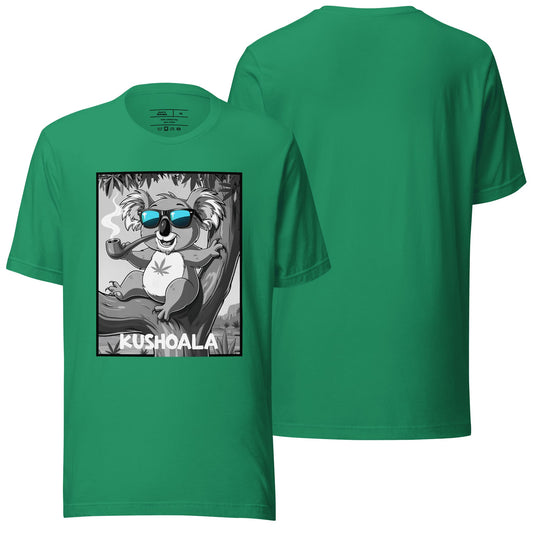 A bold kelly green t-shirt featuring the "Kushoala" design, combining dynamic color with intricate and creative artwork. A vibrant and stylish option for casual wear.
