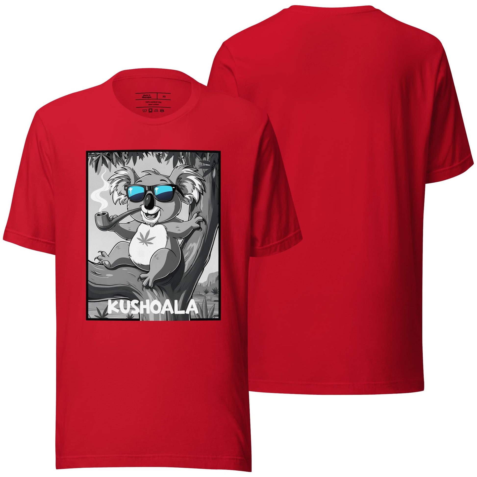A striking red t-shirt showcasing the "Kushoala" design with its captivating and detailed graphics. Perfect for a bold and confident look with a unique artistic edge.