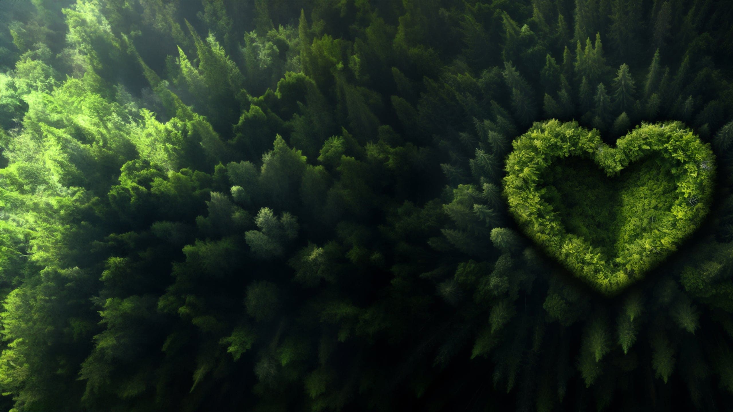 A heart-shaped green forest surrounded by trees, creating a serene and natural landscape.