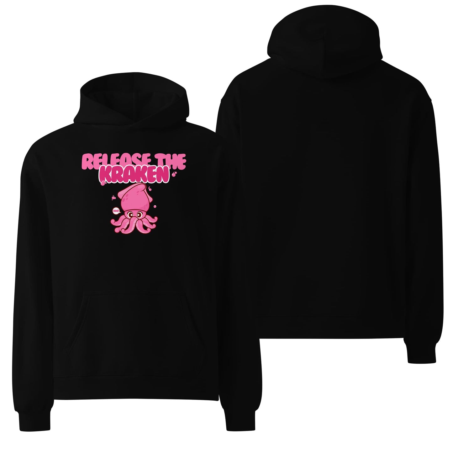An oversized black hoodie displaying the words "Release the Kraken" in bold, white lettering. A sleek and edgy design for fans of mythical sea creatures or adventure motifs.
