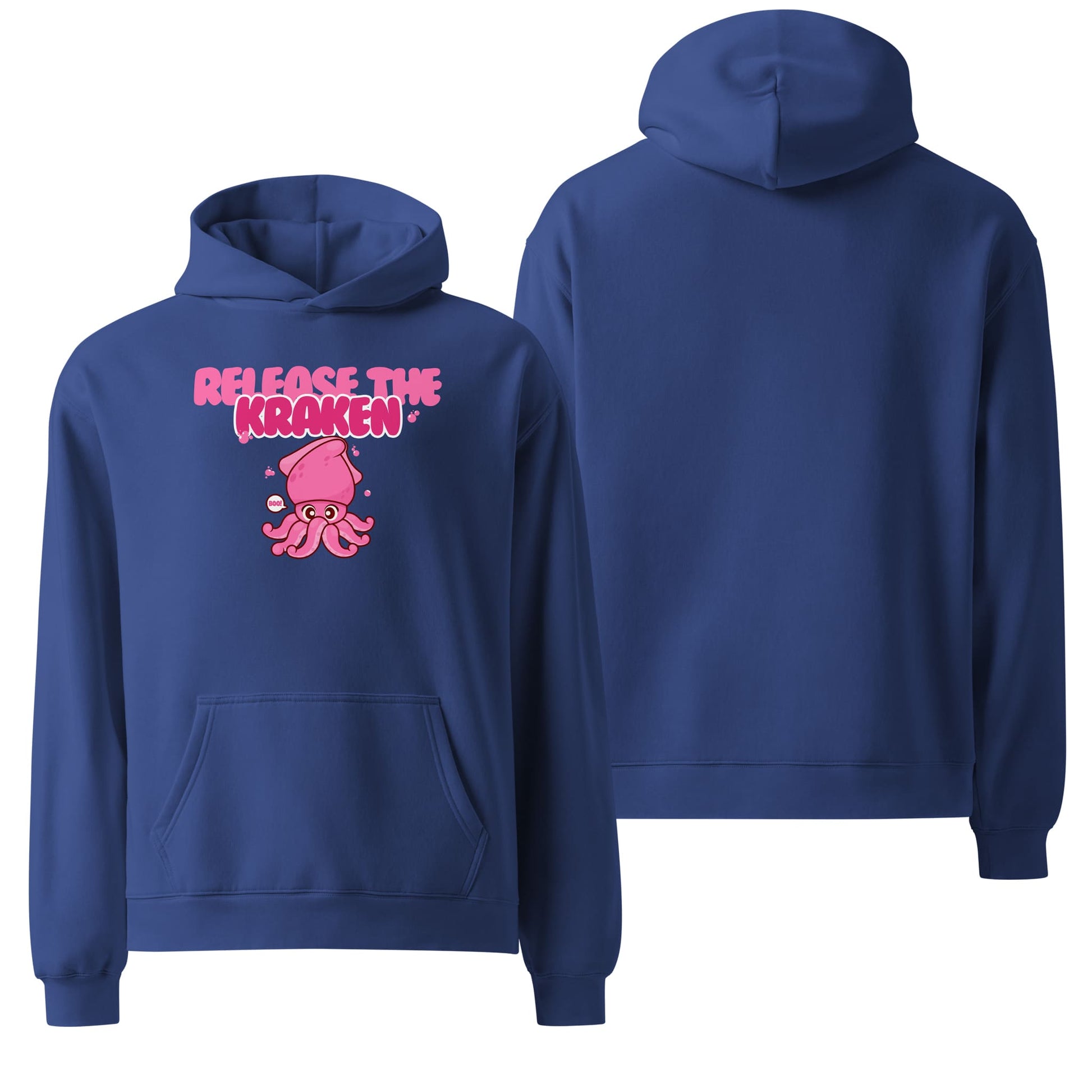An oversized cobalt blue hoodie featuring the phrase "Release the Kraken" in bold, white text with a dramatic and adventurous flair. A fun and bold statement piece.