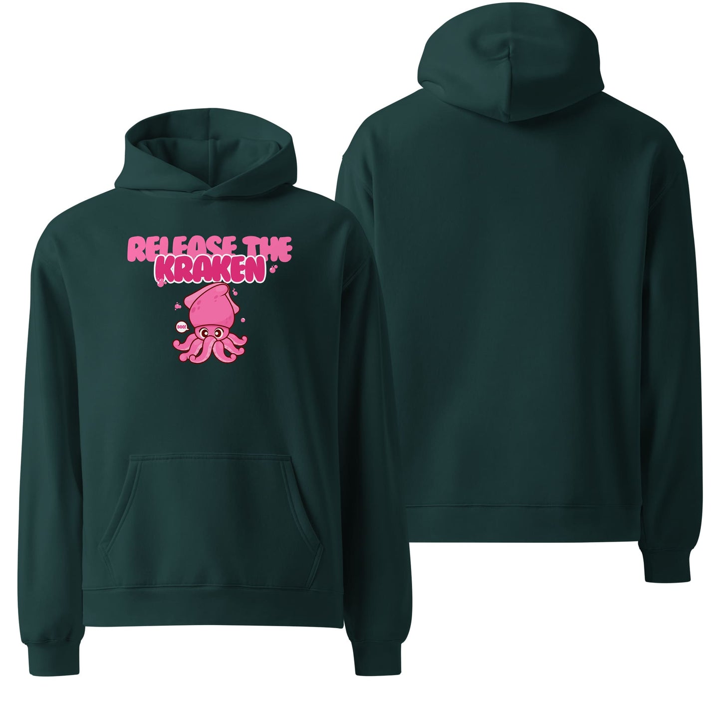 An oversized pine green hoodie with "Release the Kraken" written in bold, white font. A striking and playful garment with a nod to legendary lore.