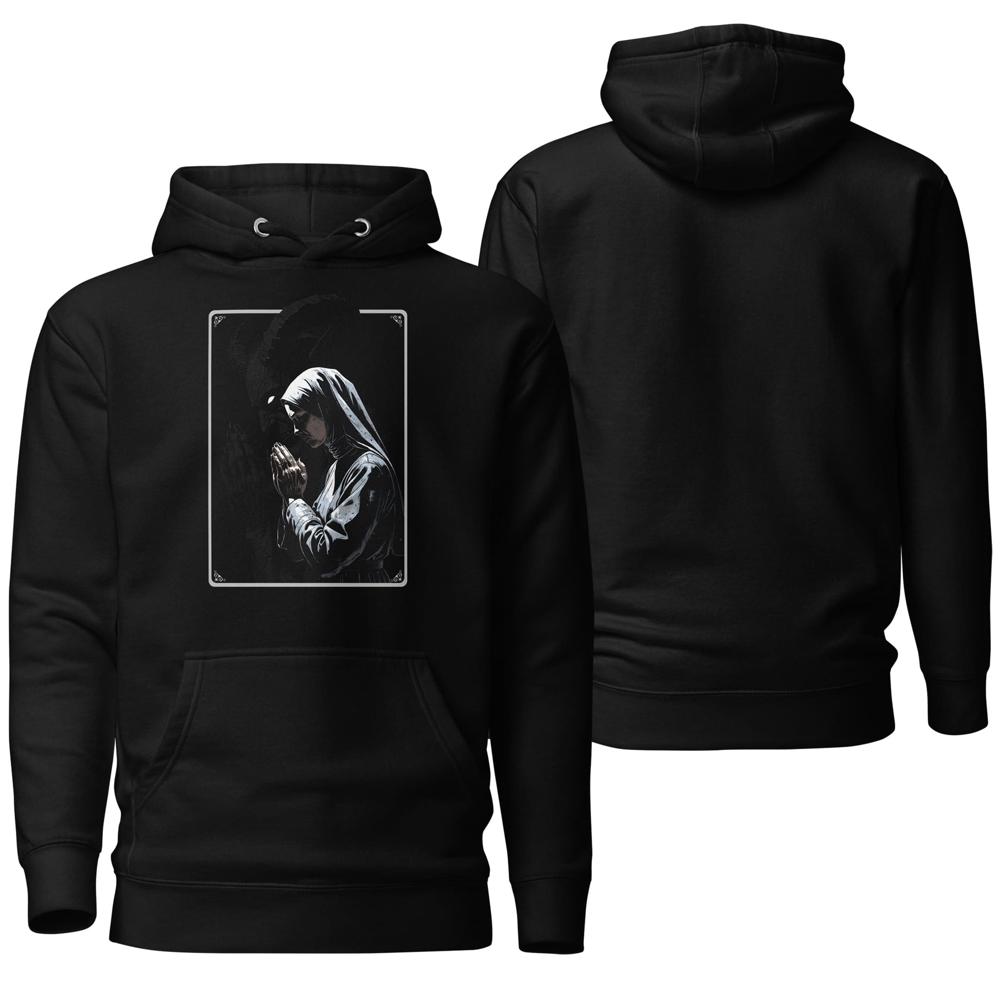 A black unisex premium hoodie featuring a praying figure in a detailed rectangular frame with subtle shadow elements hinting at the word "Prey," blending art and symbolism.
