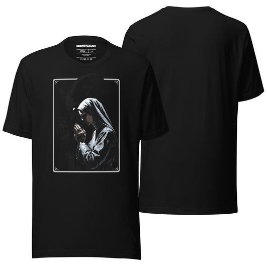A black unisex staple T-shirt featuring a praying figure in a detailed rectangular frame, with subtle shadow effects that create a connection to the word "Prey," blending modern art and symbolic storytelling.