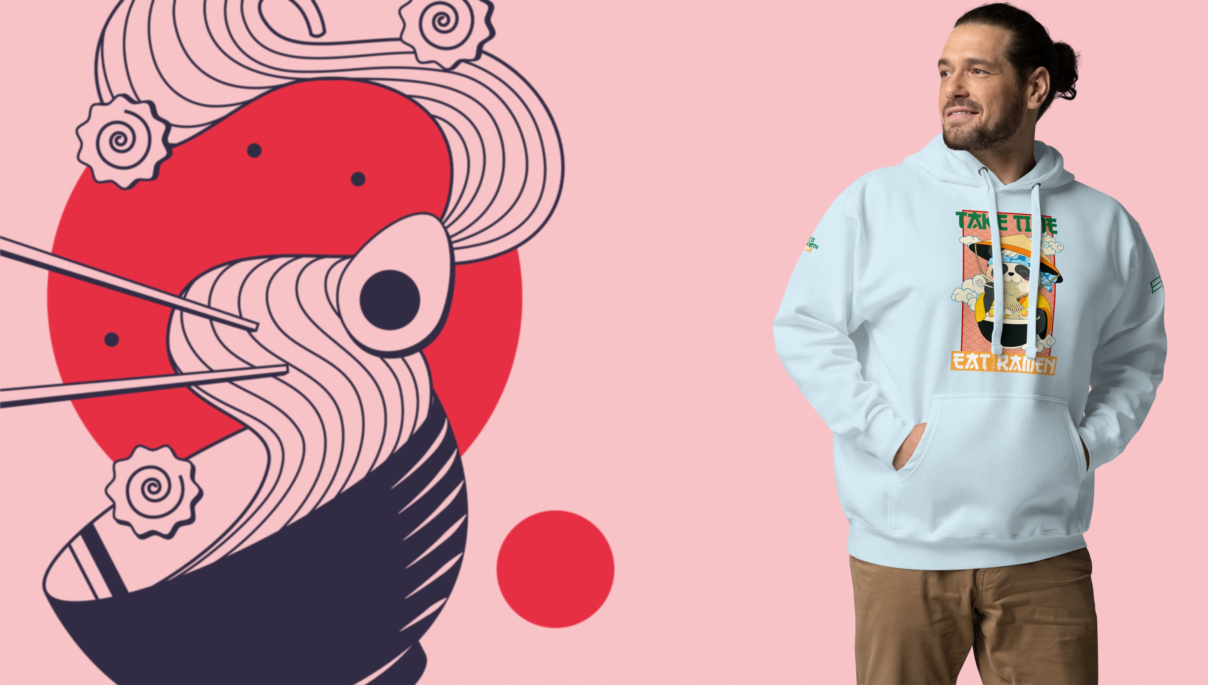 A stylish person wearing a white hoodie with a colorful graphic design that reads "Take Time, Eat Ramen." The illustration features a relaxed panda enjoying a bowl of ramen, wearing a traditional hat. The cozy and casual look is set in a bright, modern indoor setting, highlighting a playful and trendy vibe.