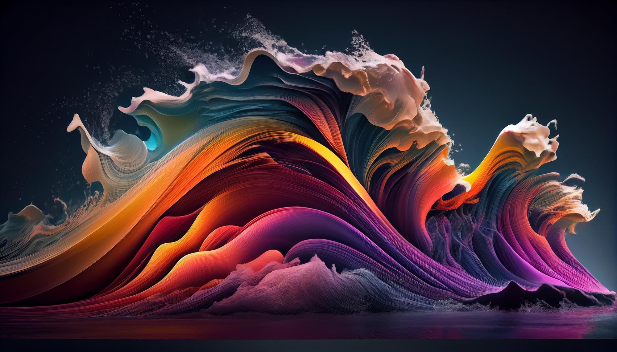 A vibrant, colorful wave gracefully flows across the image, showcasing a spectrum of hues and dynamic movement.